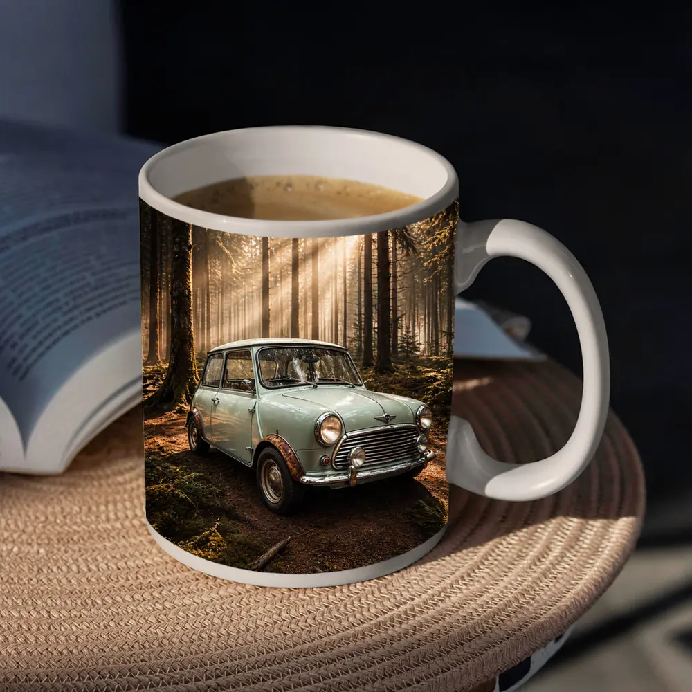Classic Mini Cooper Car In Sunlit Forest – Mugs