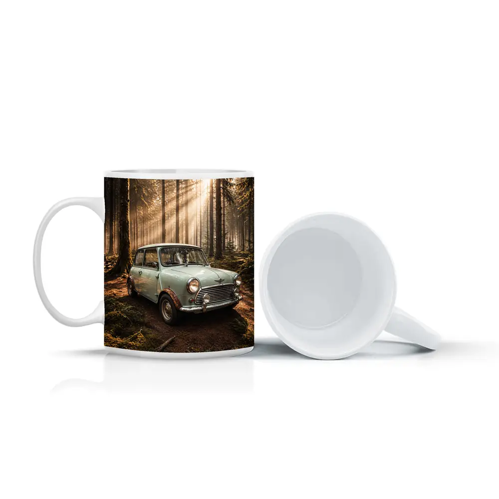 Classic Mini Cooper Car In Sunlit Forest – Mugs