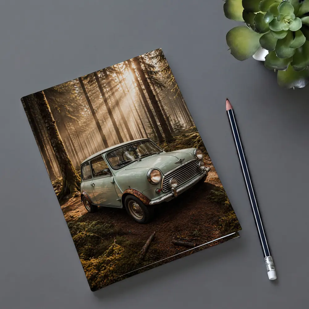Classic Mini Cooper Car In Sunlit Forest – Notebooks