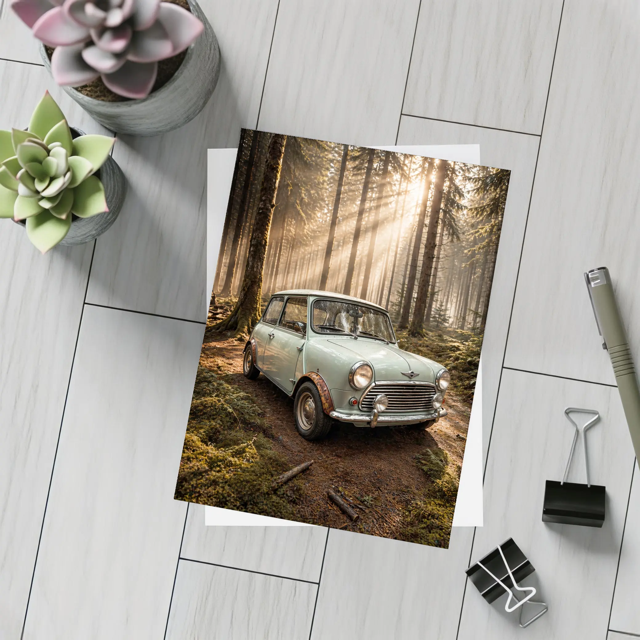 Classic Mini Cooper Car In Sunlit Forest – Postcards