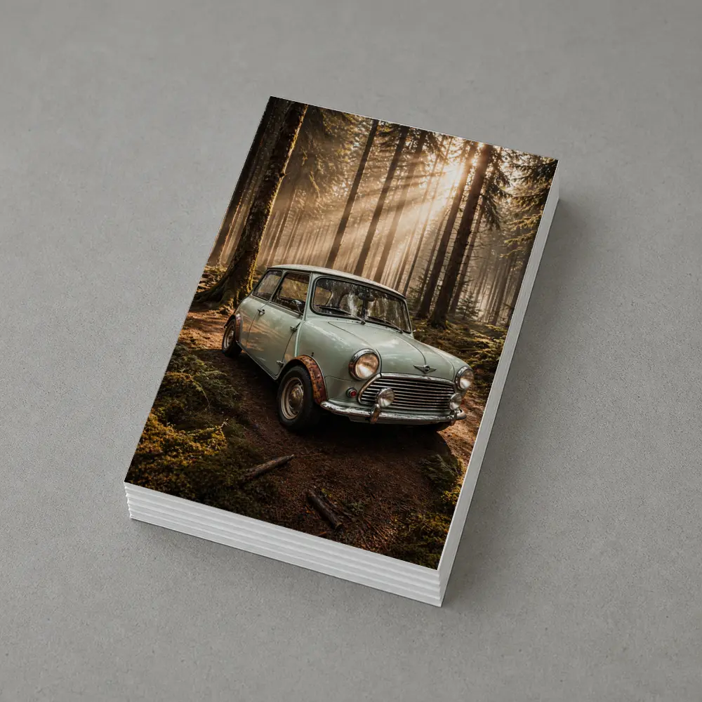 Classic Mini Cooper Car In Sunlit Forest – Postcards