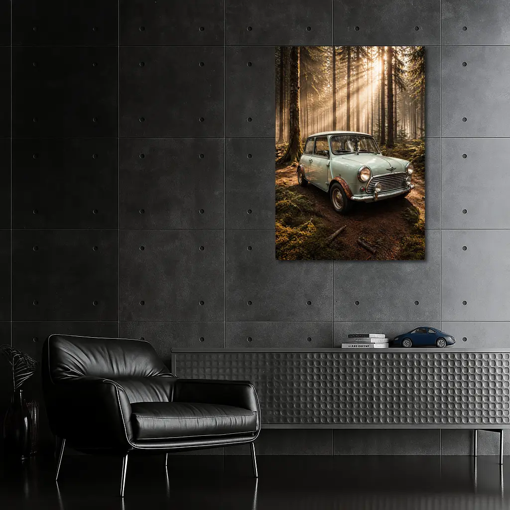 Classic Mini Cooper Car In Sunlit Forest – Wall Art