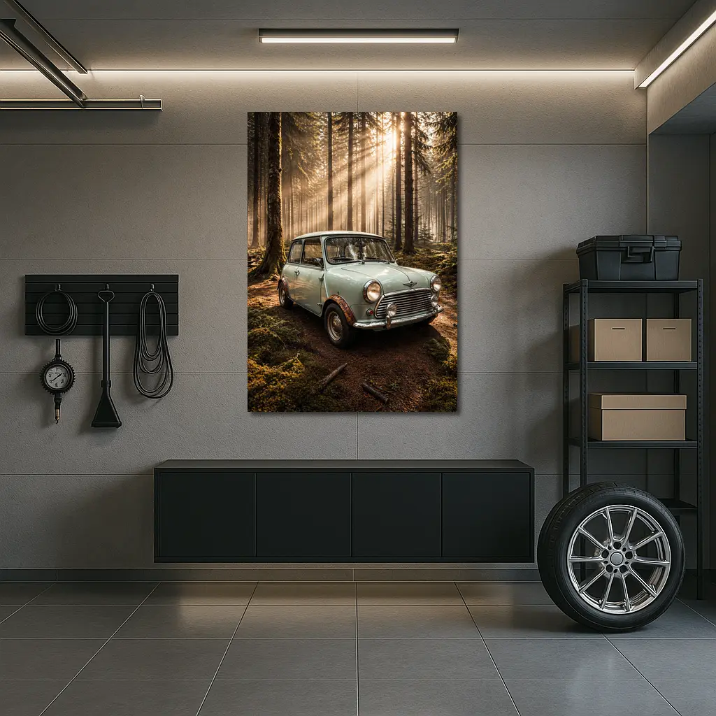 Classic Mini Cooper Car In Sunlit Forest – Wall Art