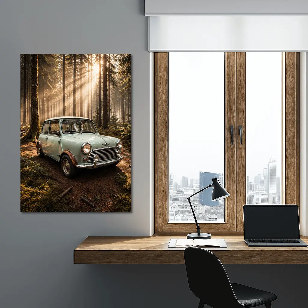 Classic Mini Cooper Car In Sunlit Forest – Wall Art