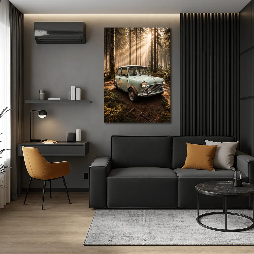 Classic Mini Cooper Car In Sunlit Forest – Wall Art