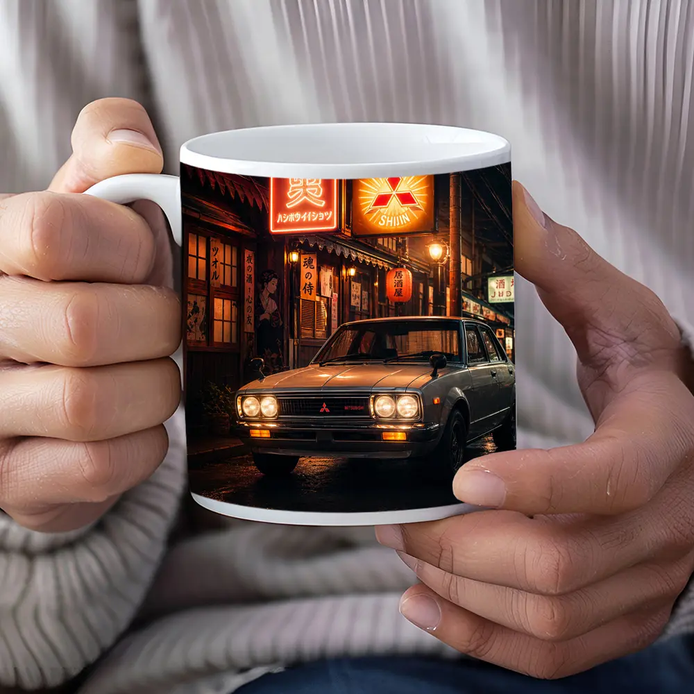 Vintage Mitsubishi Sedan Japan Night Street – Mugs