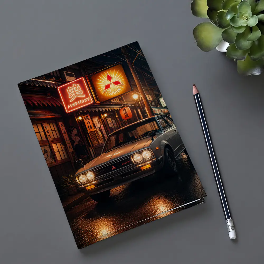 Vintage Mitsubishi Sedan Japan Night Street – Notebooks