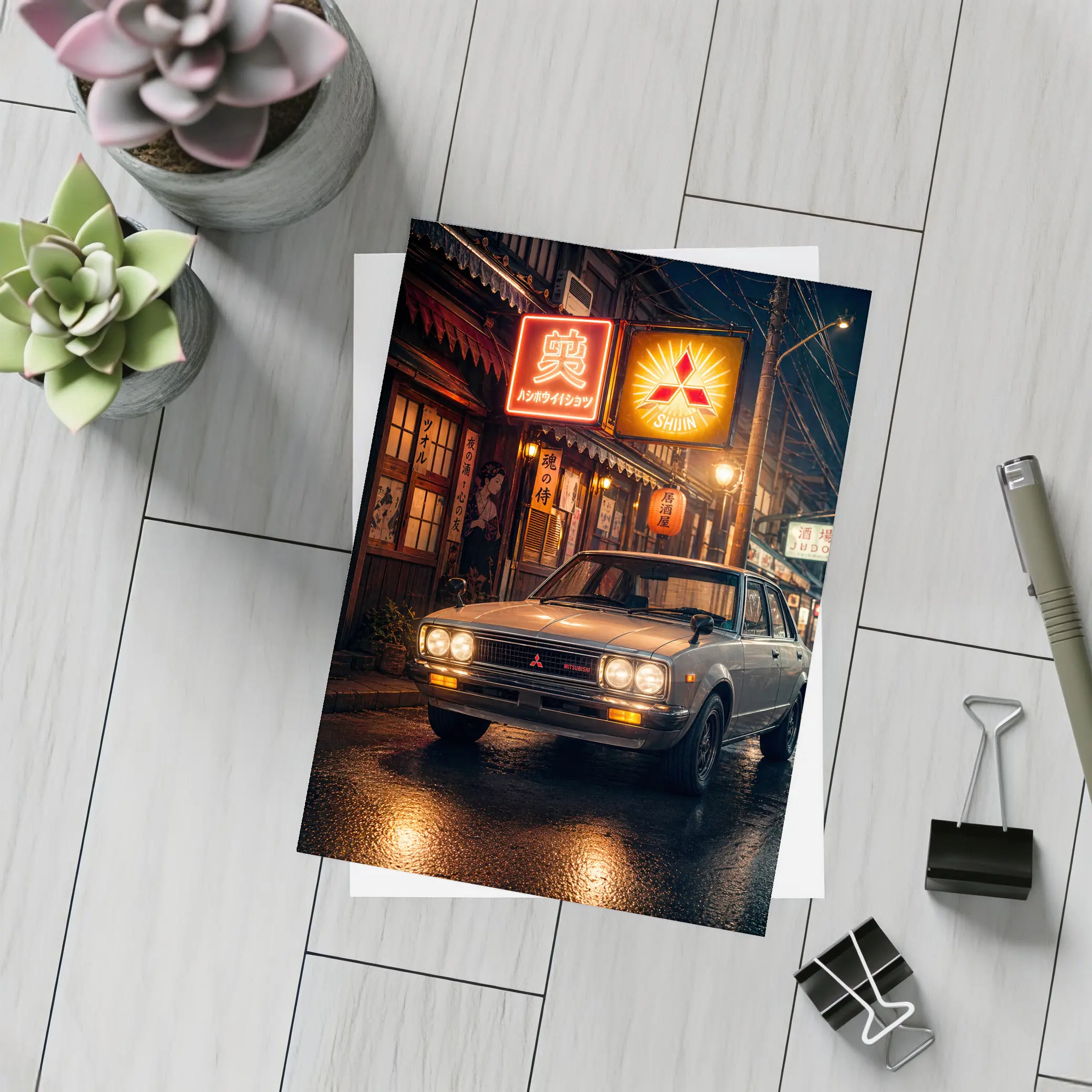 Vintage Mitsubishi Sedan Japan Night Street – Postcards