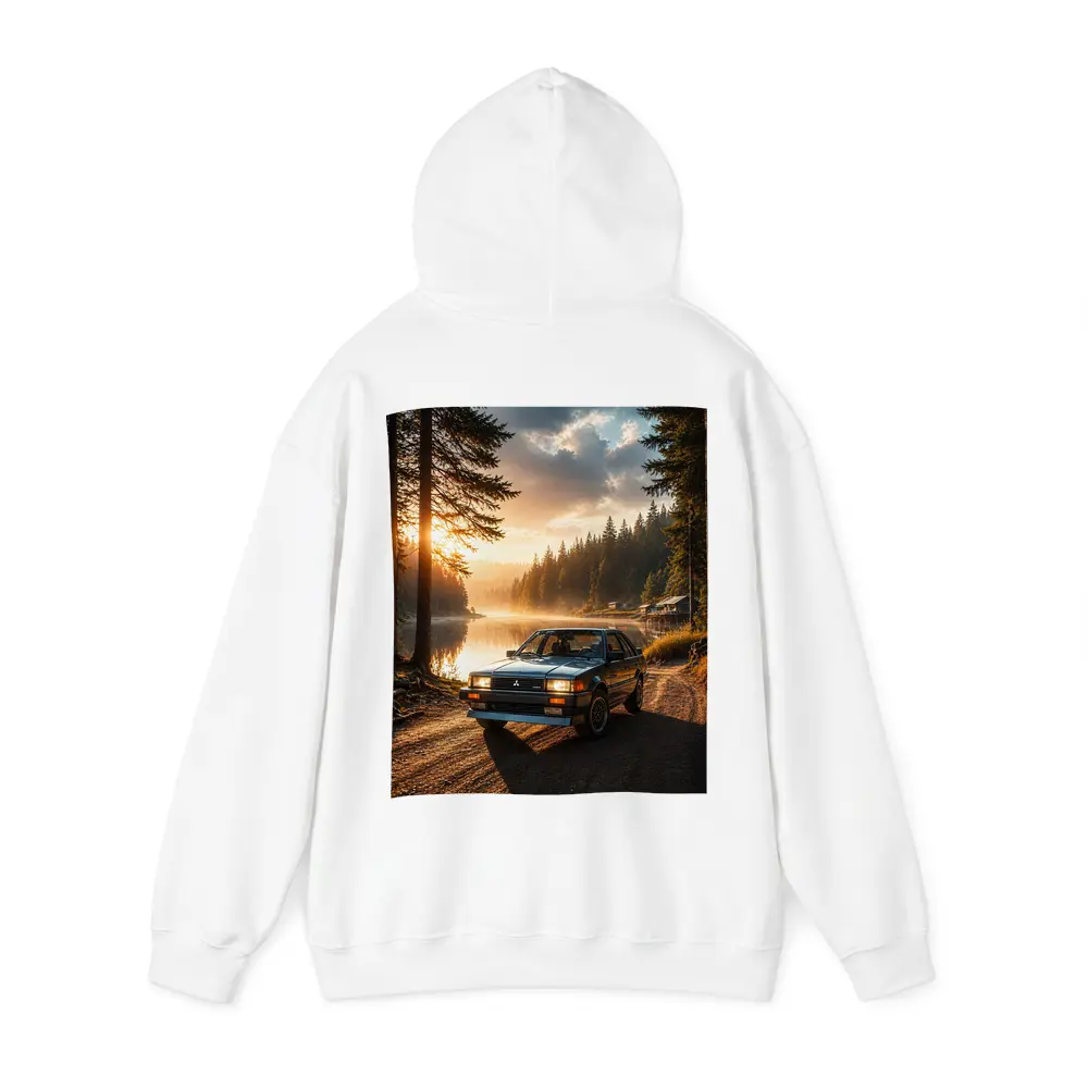 Mitsubishi Classic Car Misty Lake Forest Sunrise – Hoodies