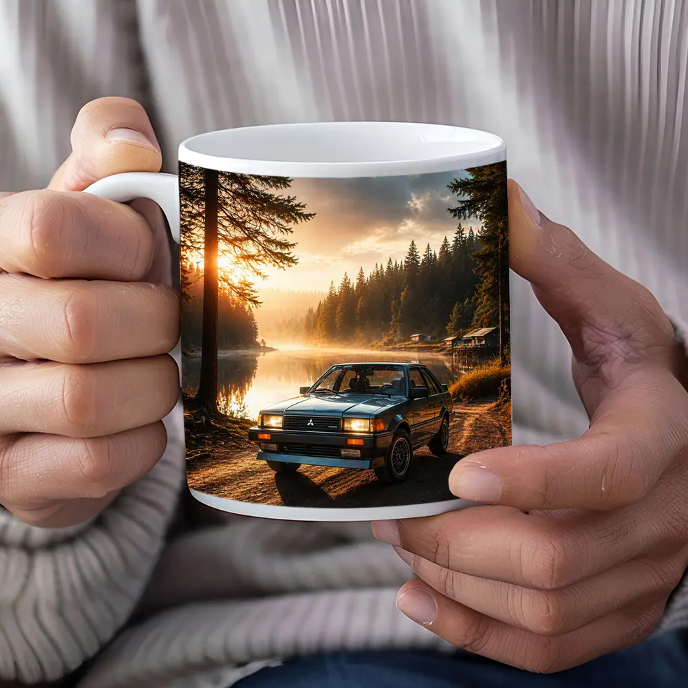 Mitsubishi Classic Car Misty Lake Forest Sunrise – Mugs