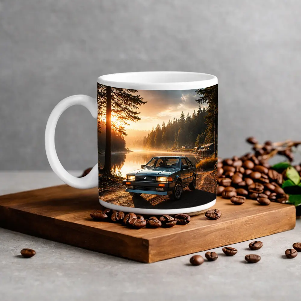 Mitsubishi Classic Car Misty Lake Forest Sunrise – Mugs