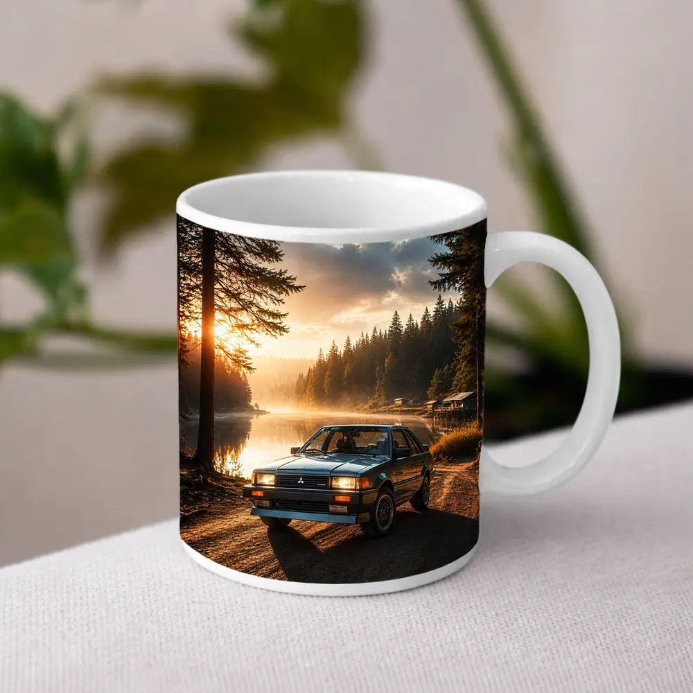 Mitsubishi Classic Car Misty Lake Forest Sunrise – Mugs