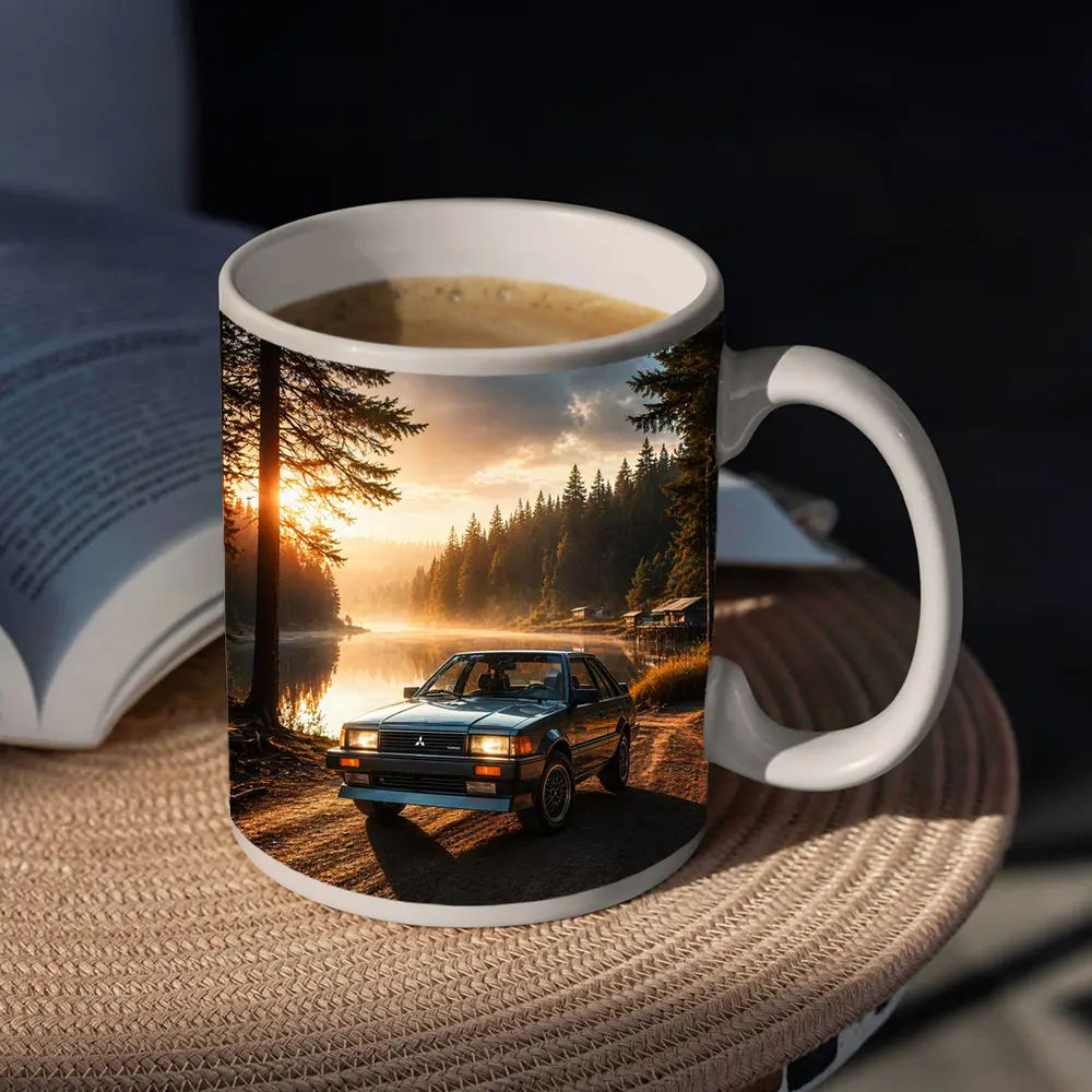 Mitsubishi Classic Car Misty Lake Forest Sunrise – Mugs