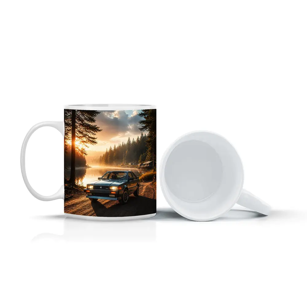 Mitsubishi Classic Car Misty Lake Forest Sunrise – Mugs