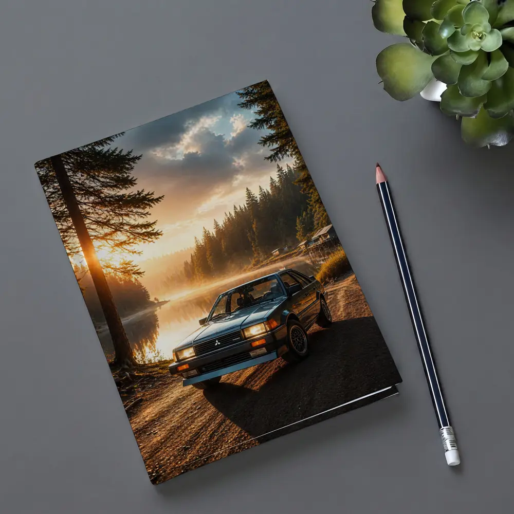 Mitsubishi Classic Car Misty Lake Forest Sunrise – Notebooks