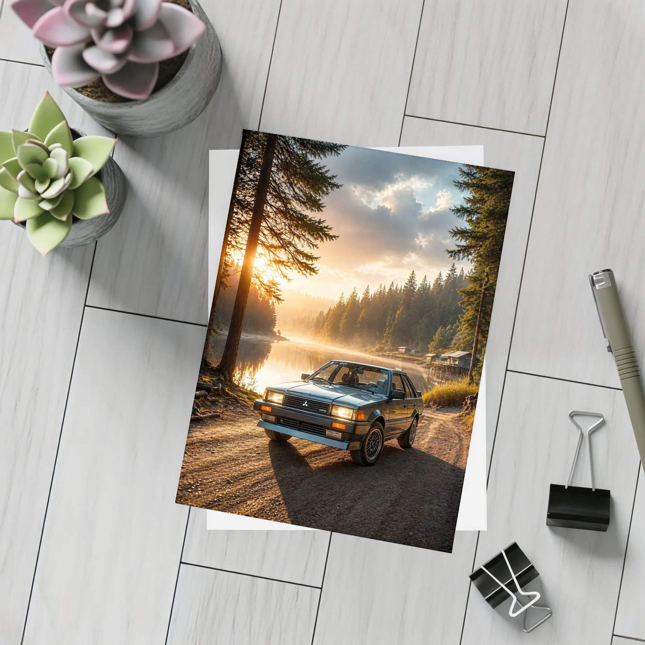 Mitsubishi Classic Car Misty Lake Forest Sunrise – Postcards