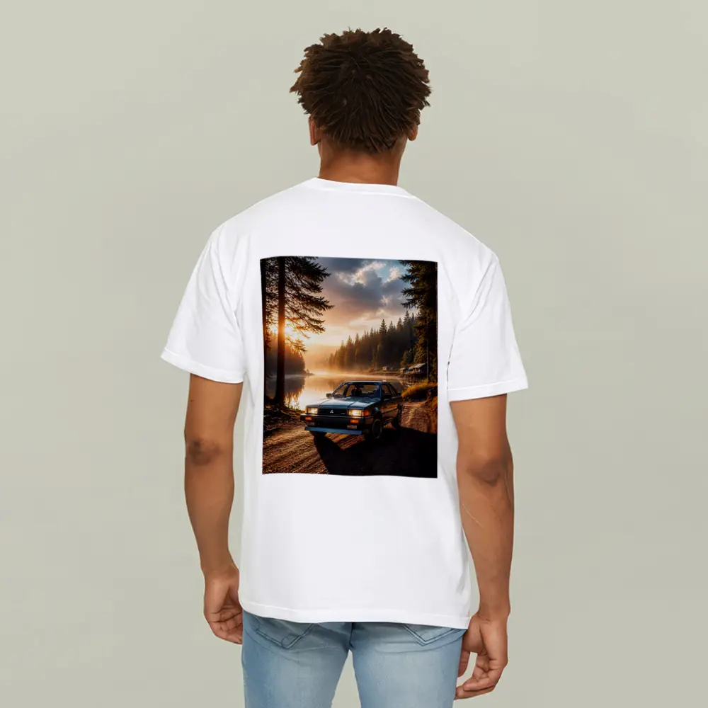 Mitsubishi Classic Car Misty Lake Forest Sunrise – T-Shirts