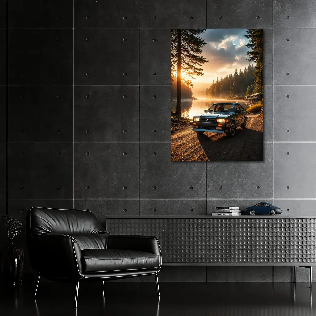 Mitsubishi Classic Car Misty Lake Forest Sunrise – Wall Art