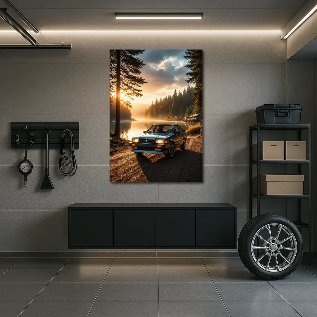 Mitsubishi Classic Car Misty Lake Forest Sunrise – Wall Art