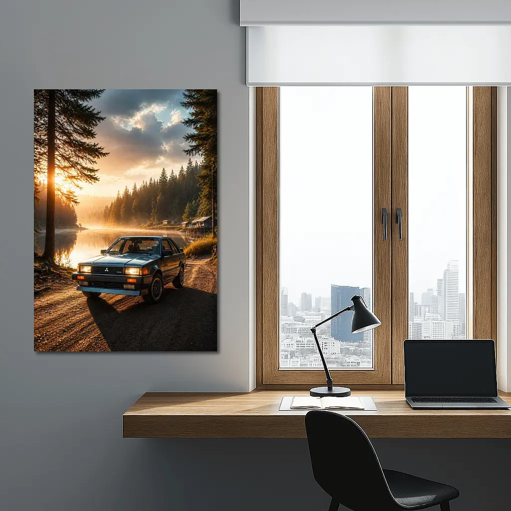 Mitsubishi Classic Car Misty Lake Forest Sunrise – Wall Art