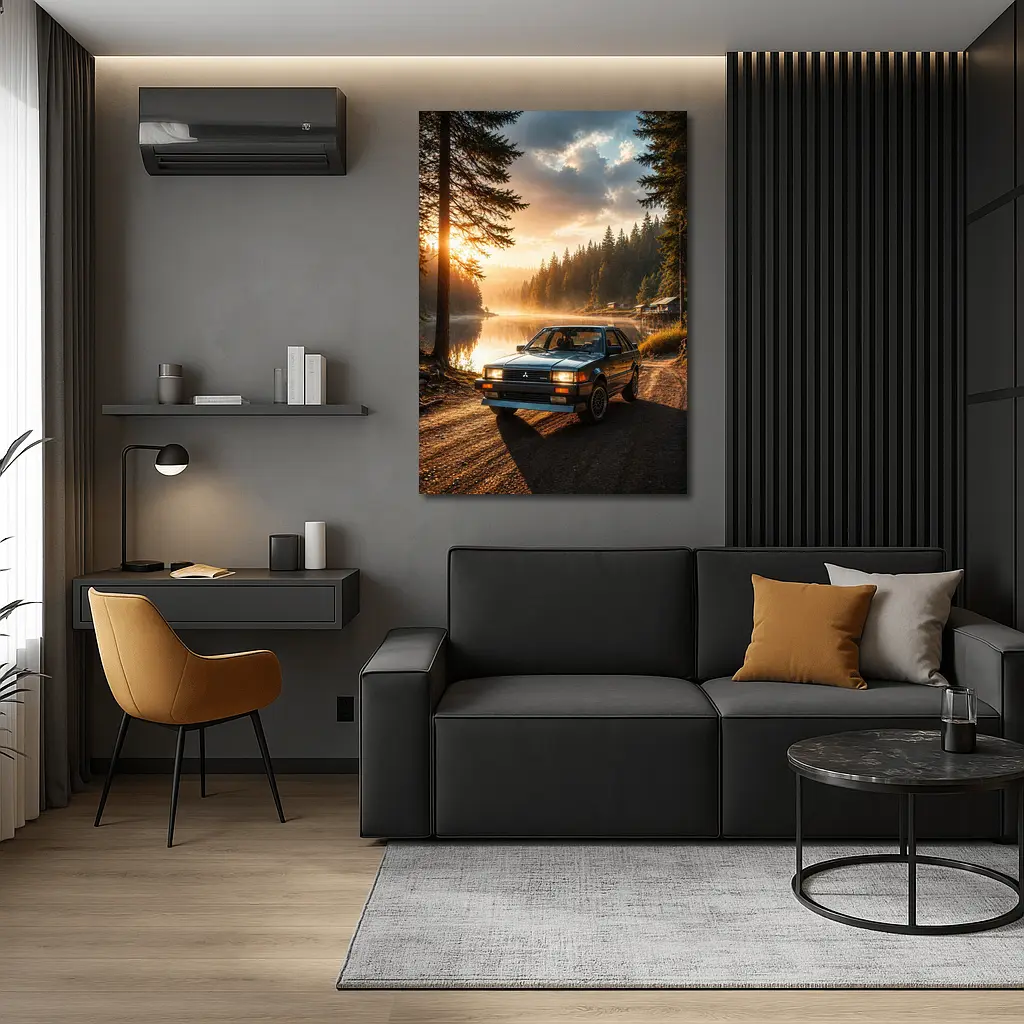 Mitsubishi Classic Car Misty Lake Forest Sunrise – Wall Art