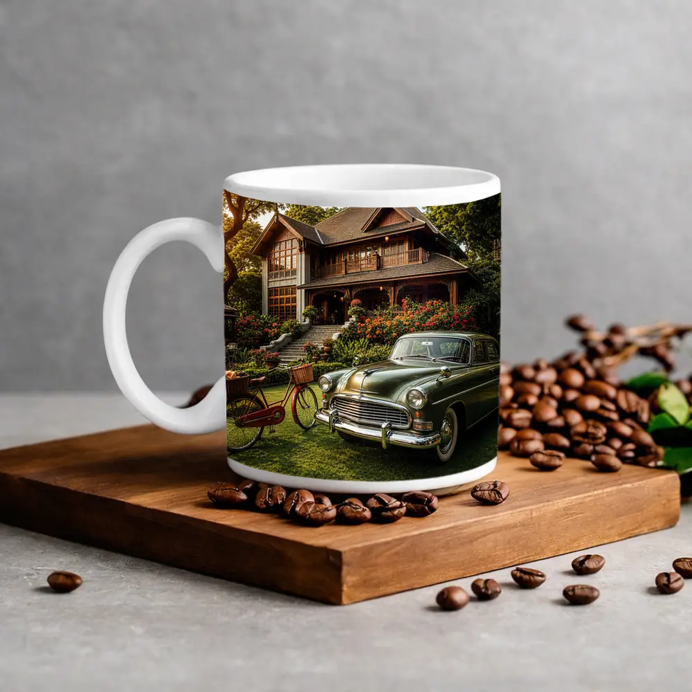 Vintage Green Classic Car Tropical House Garden – Mugs