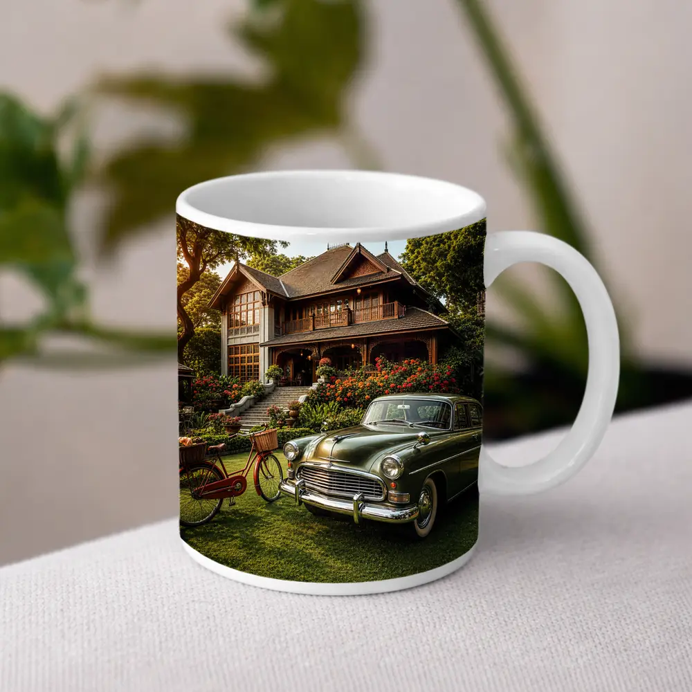 Vintage Green Classic Car Tropical House Garden – Mugs