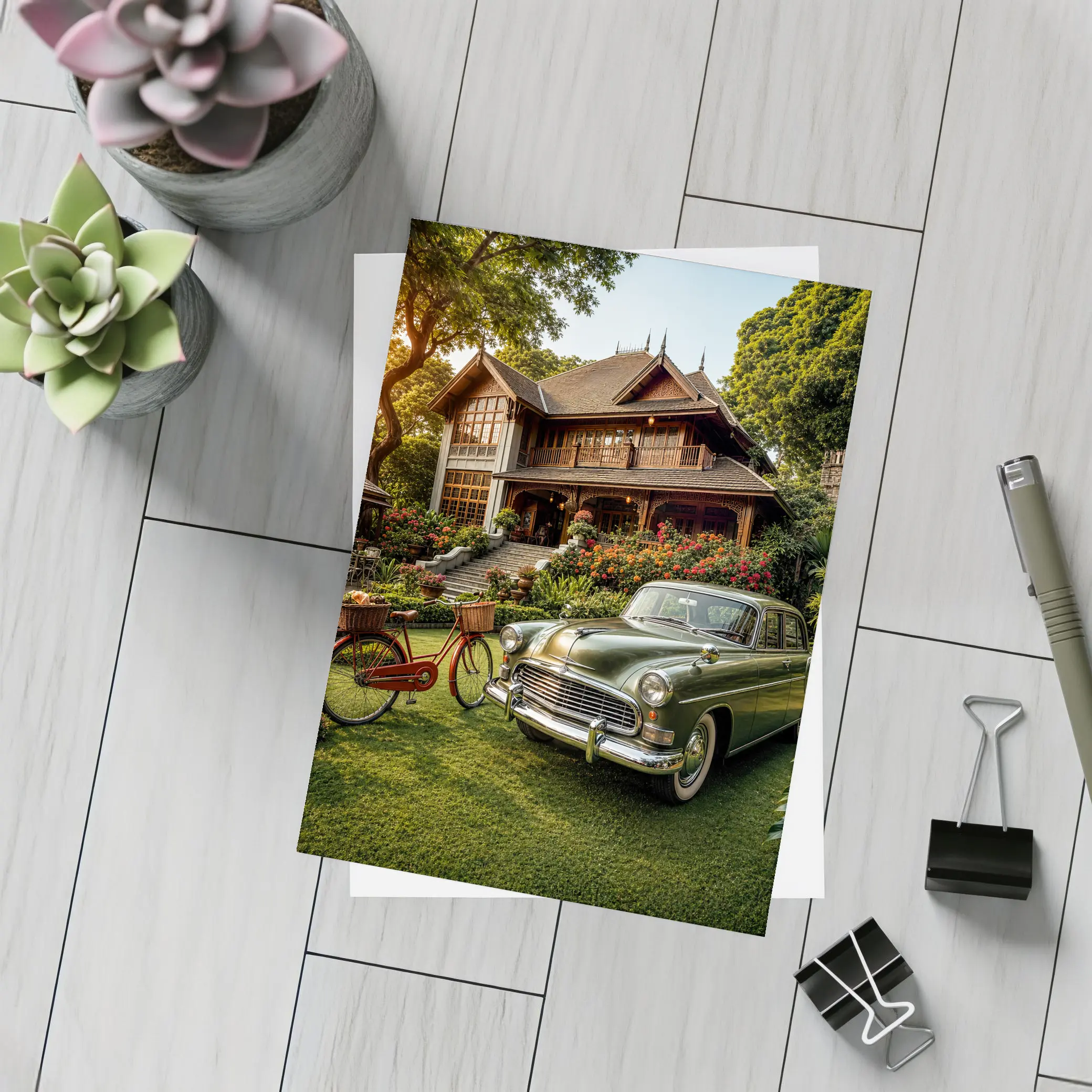 Vintage Green Classic Car Tropical House Garden – Postcards