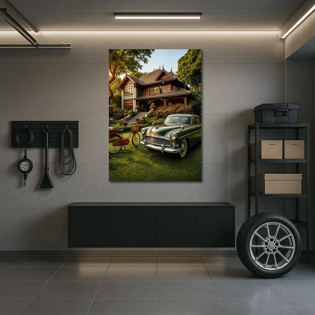 Vintage Green Classic Car Tropical House Garden – Wall Art