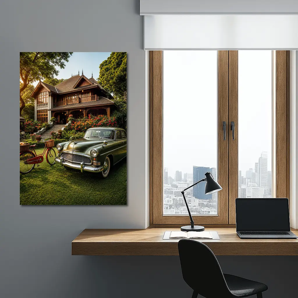 Vintage Green Classic Car Tropical House Garden – Wall Art