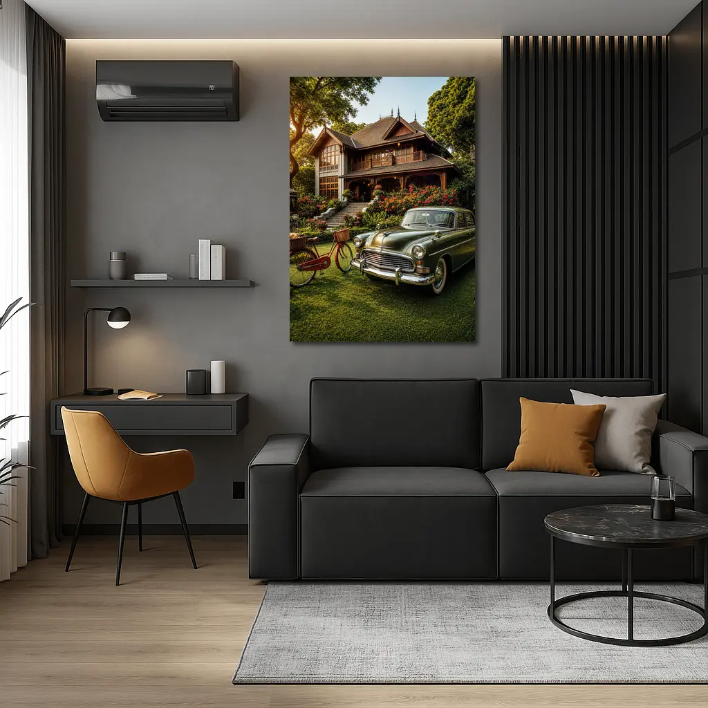 Vintage Green Classic Car Tropical House Garden – Wall Art