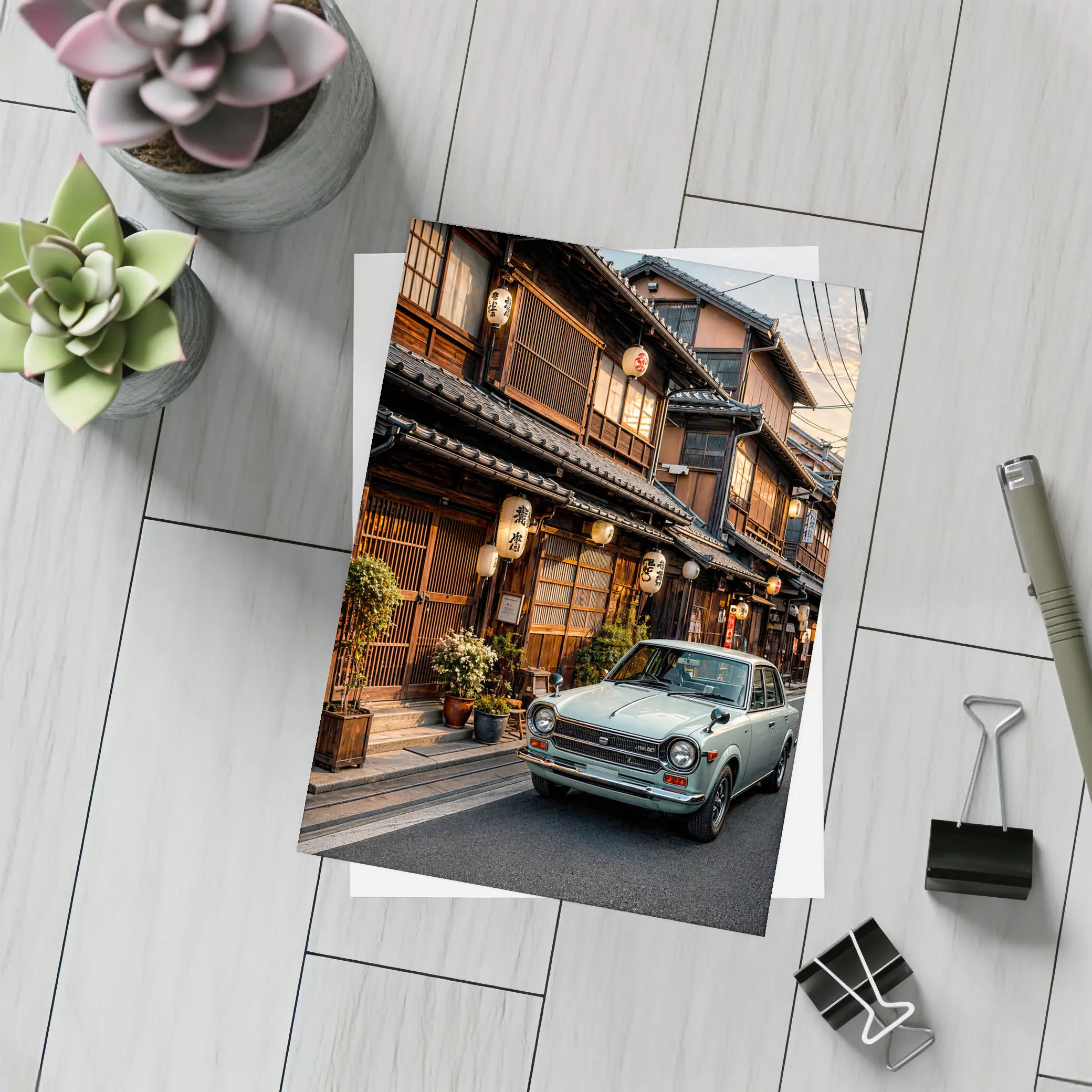 Vintage Nissan Sunny Old Tokyo Street Sunset – Postcards
