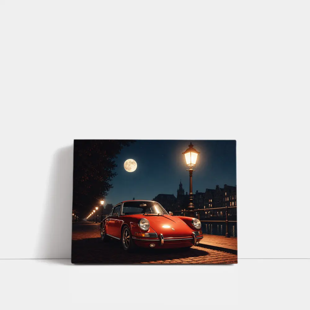 Red Porsche 911 Moonlit Canal Night – Wall Art