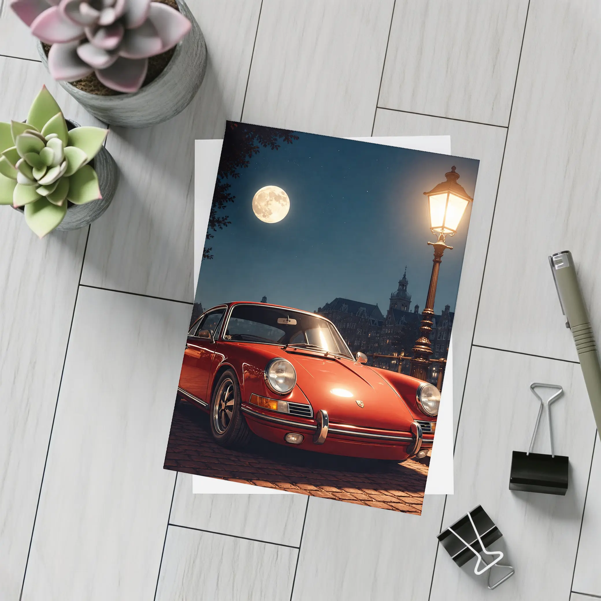 Red Porsche 911 Moonlit Canal Night – Postcards