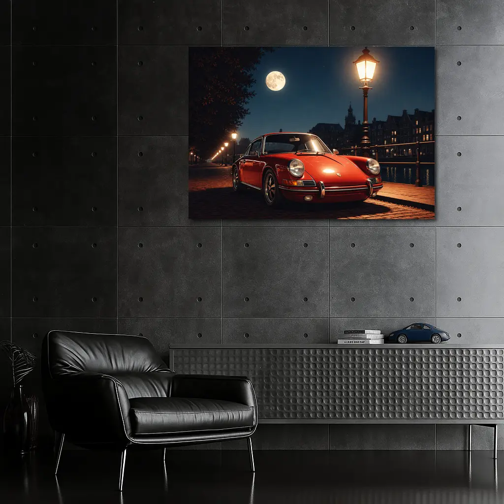 Red Porsche 911 Moonlit Canal Night – Wall Art