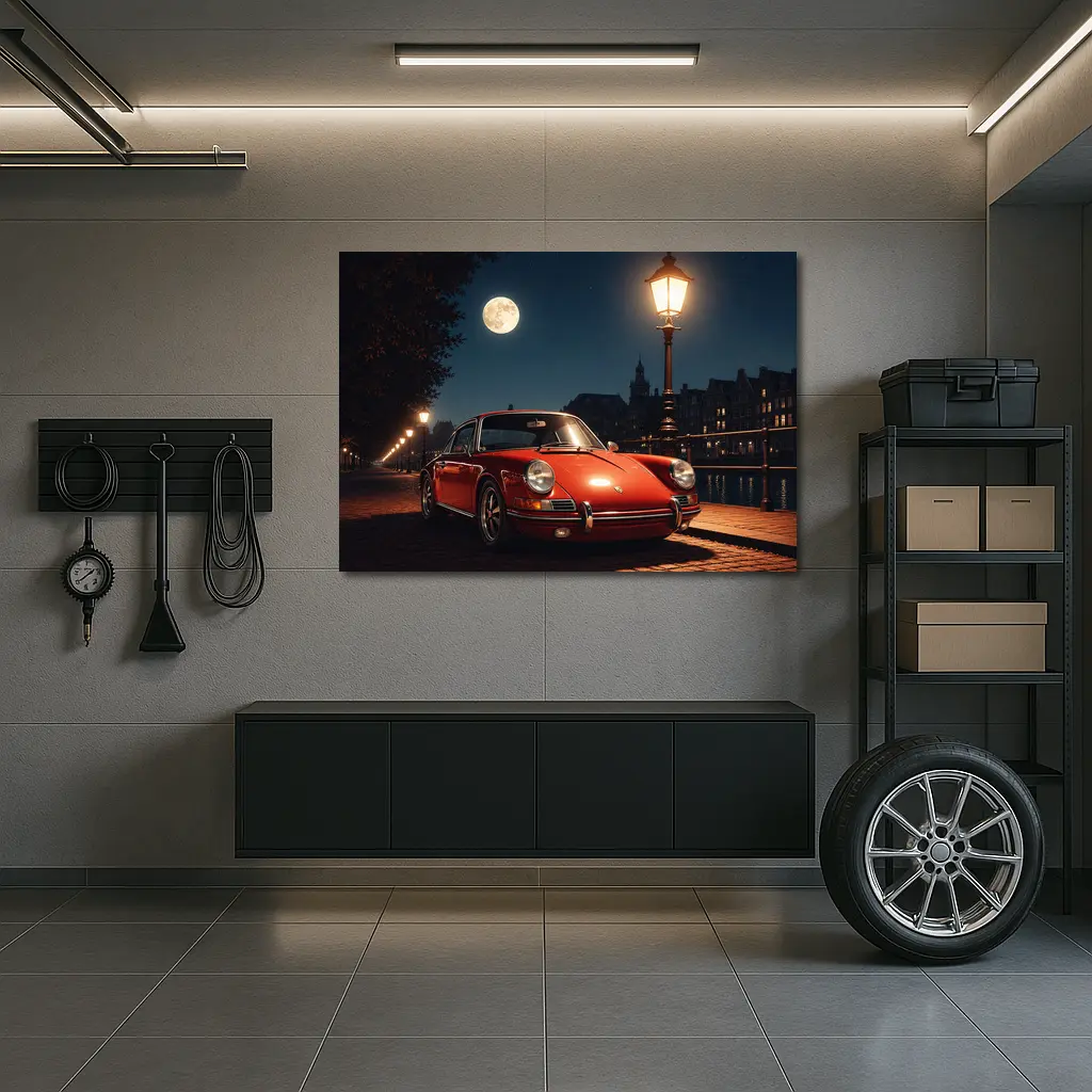 Red Porsche 911 Moonlit Canal Night – Wall Art