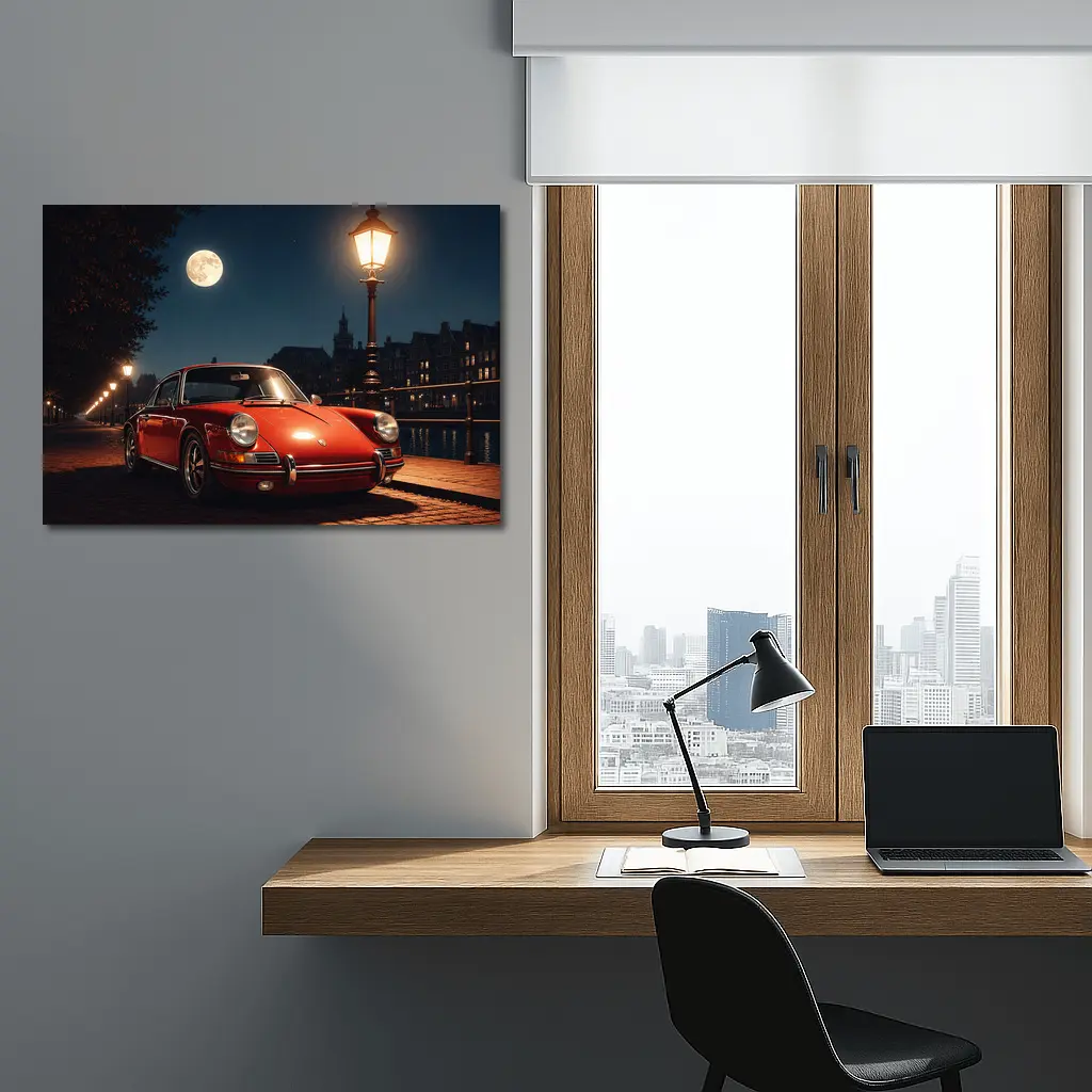 Red Porsche 911 Moonlit Canal Night – Wall Art