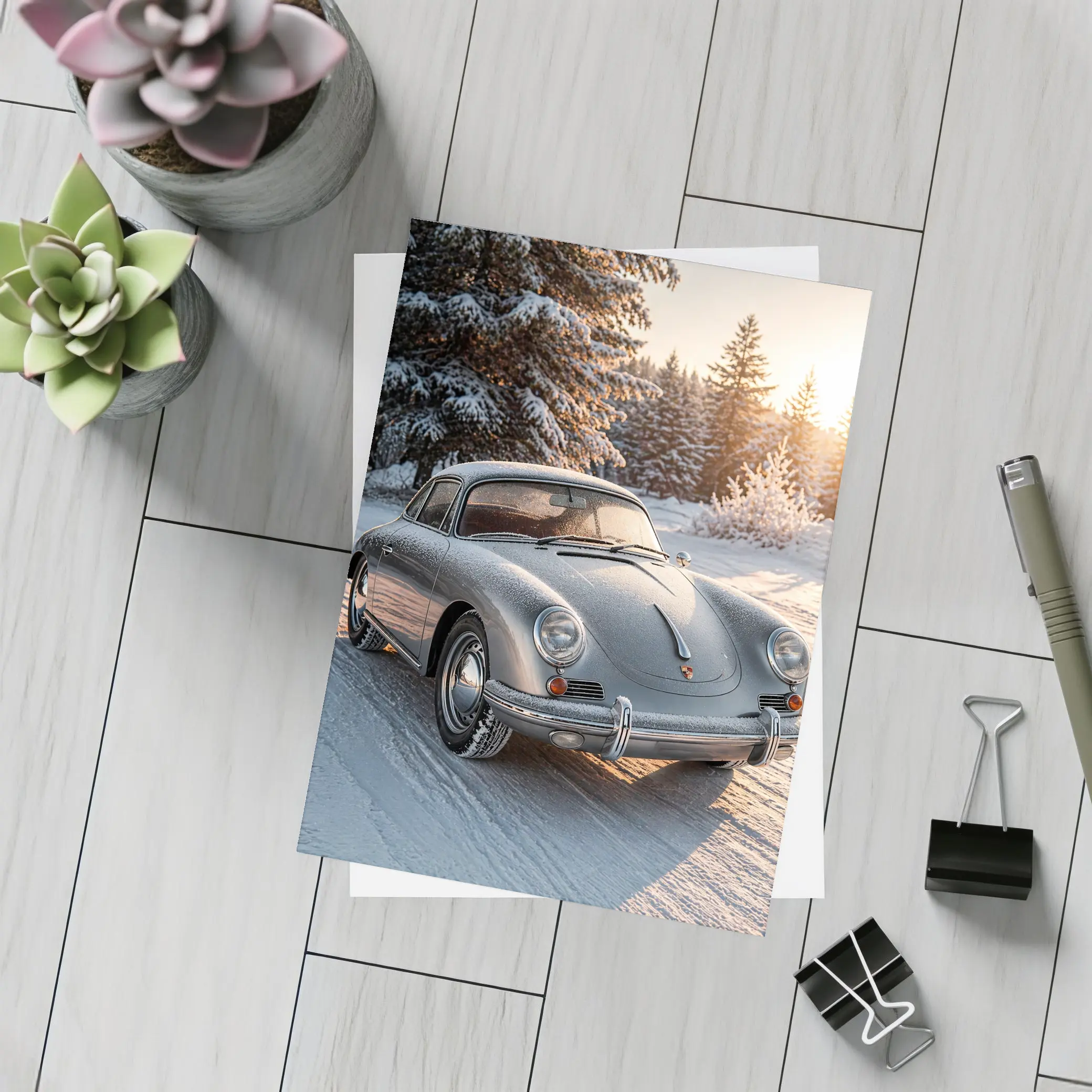 Porsche 356 Coupe Parked On Snowy Road – Postcards