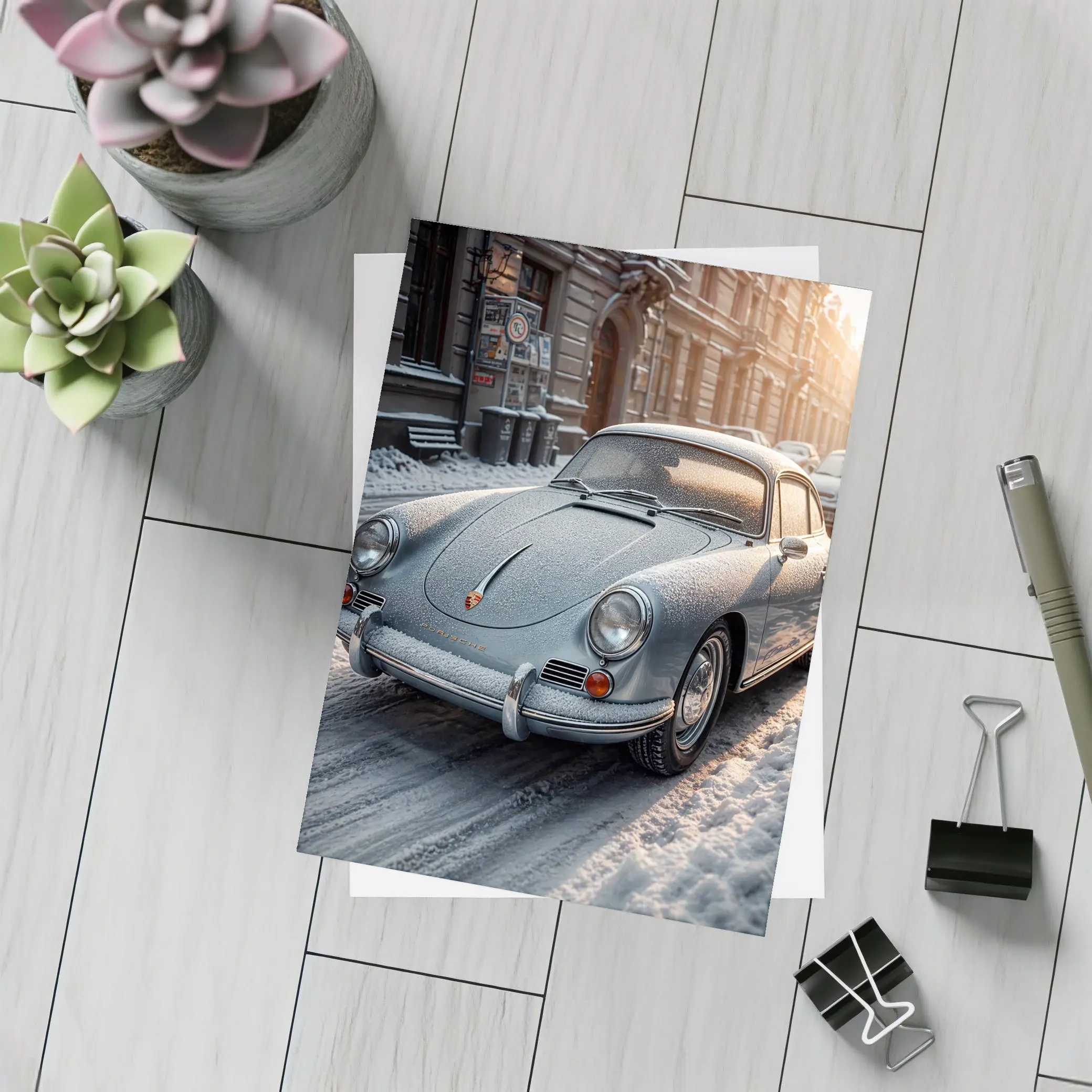 Porsche 356 Frosted On Winter City Street – Postcards