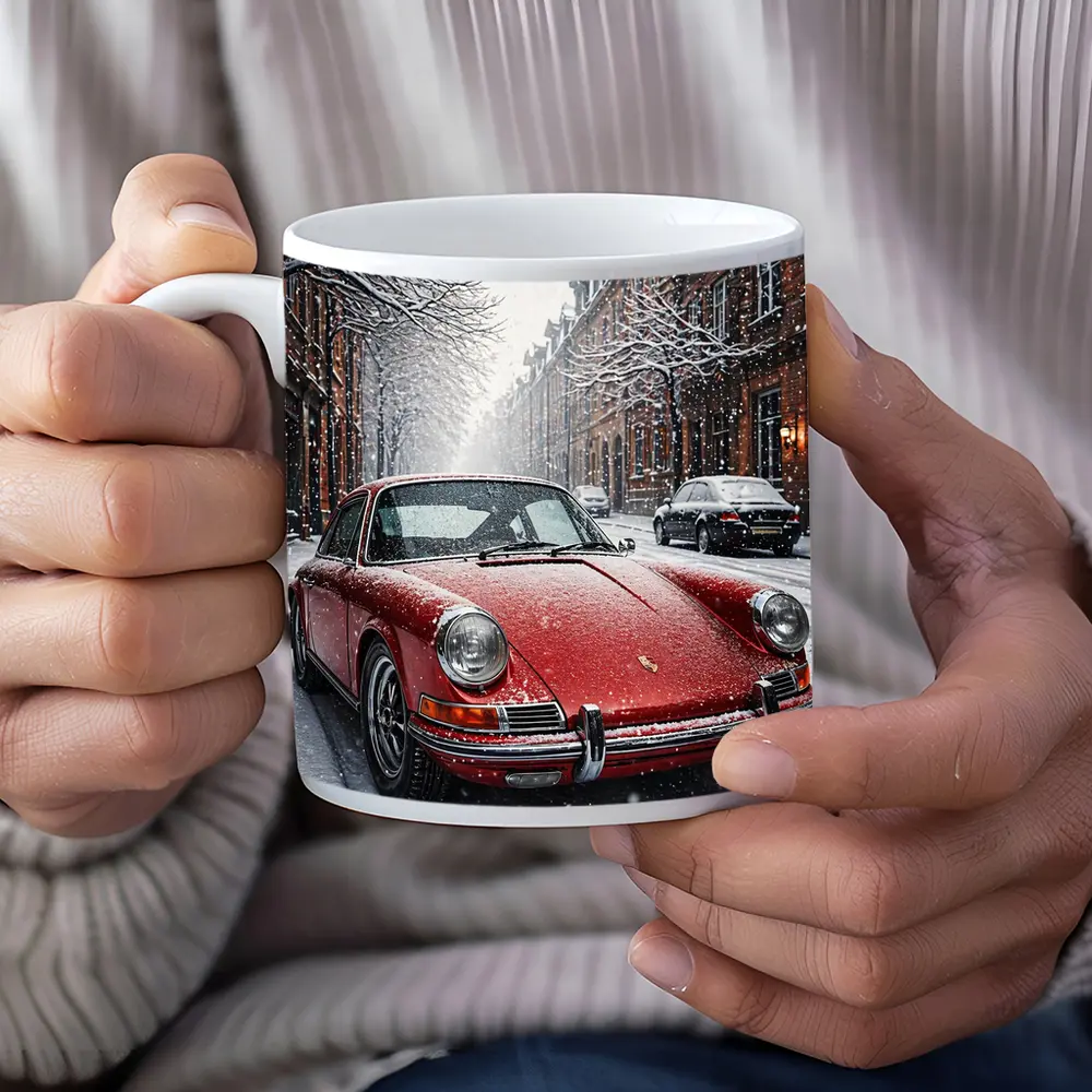 Red Porsche 911 Parked On Snowy Street – Mugs