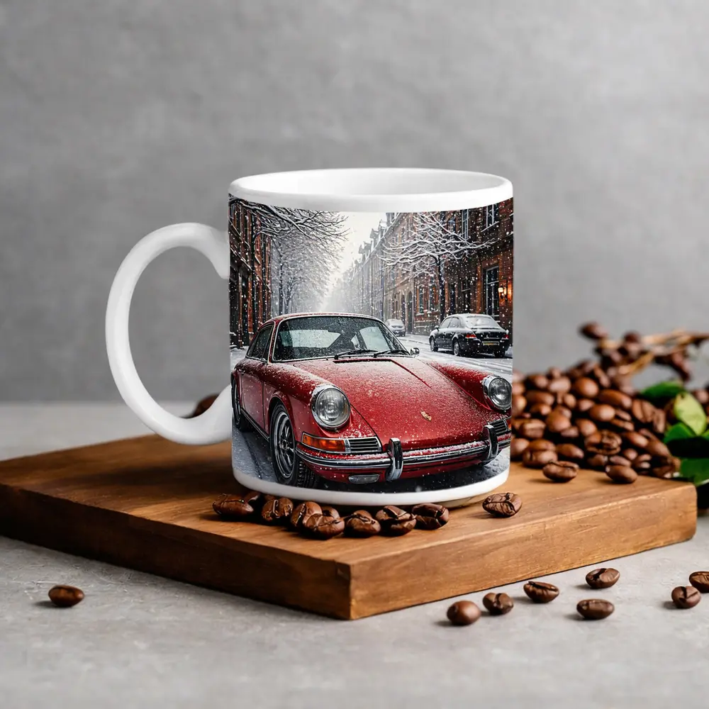 Red Porsche 911 Parked On Snowy Street – Mugs