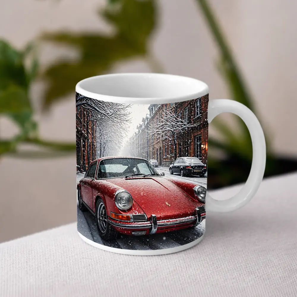 Red Porsche 911 Parked On Snowy Street – Mugs