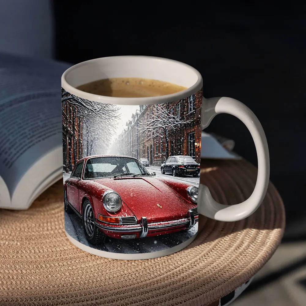 Red Porsche 911 Parked On Snowy Street – Mugs