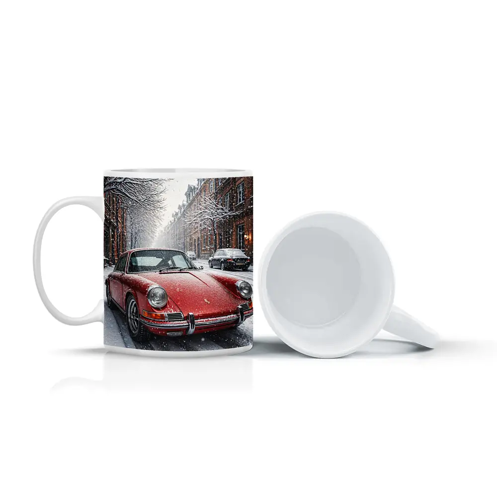 Red Porsche 911 Parked On Snowy Street – Mugs