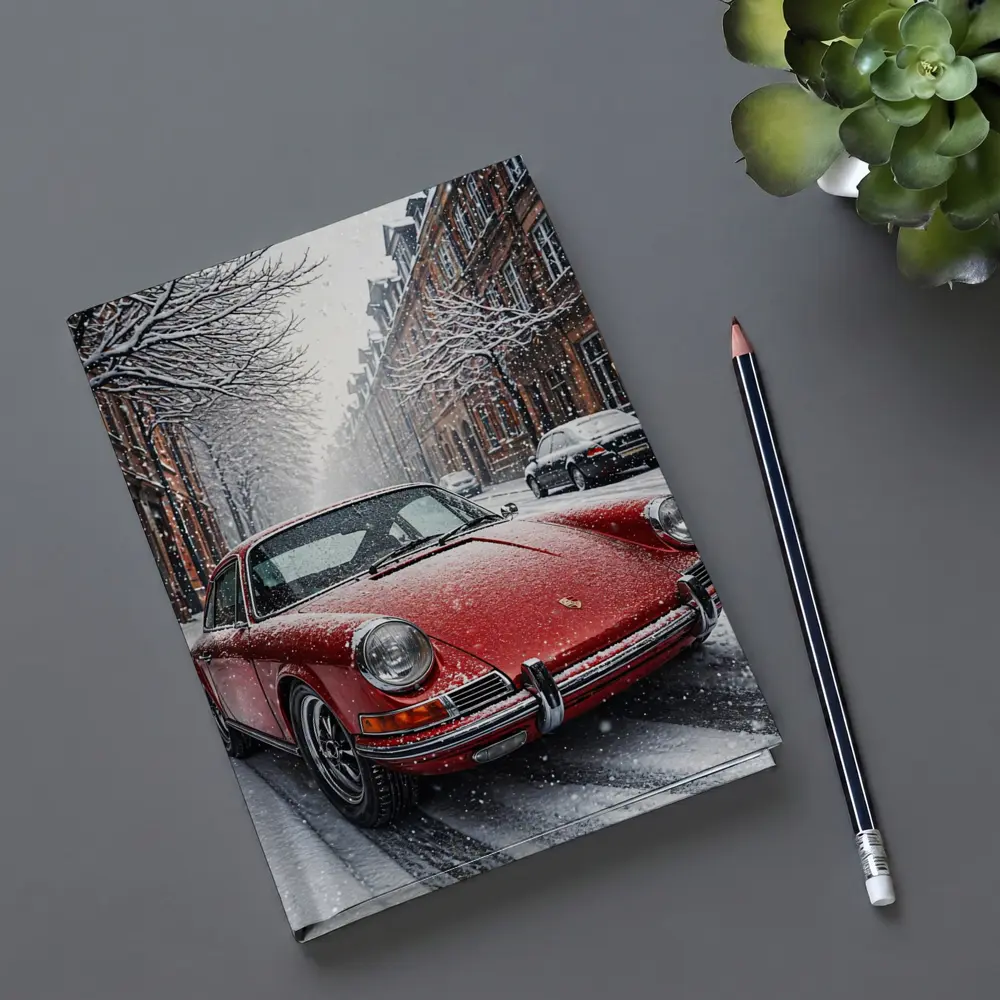 Red Porsche 911 Parked On Snowy Street – Notebooks