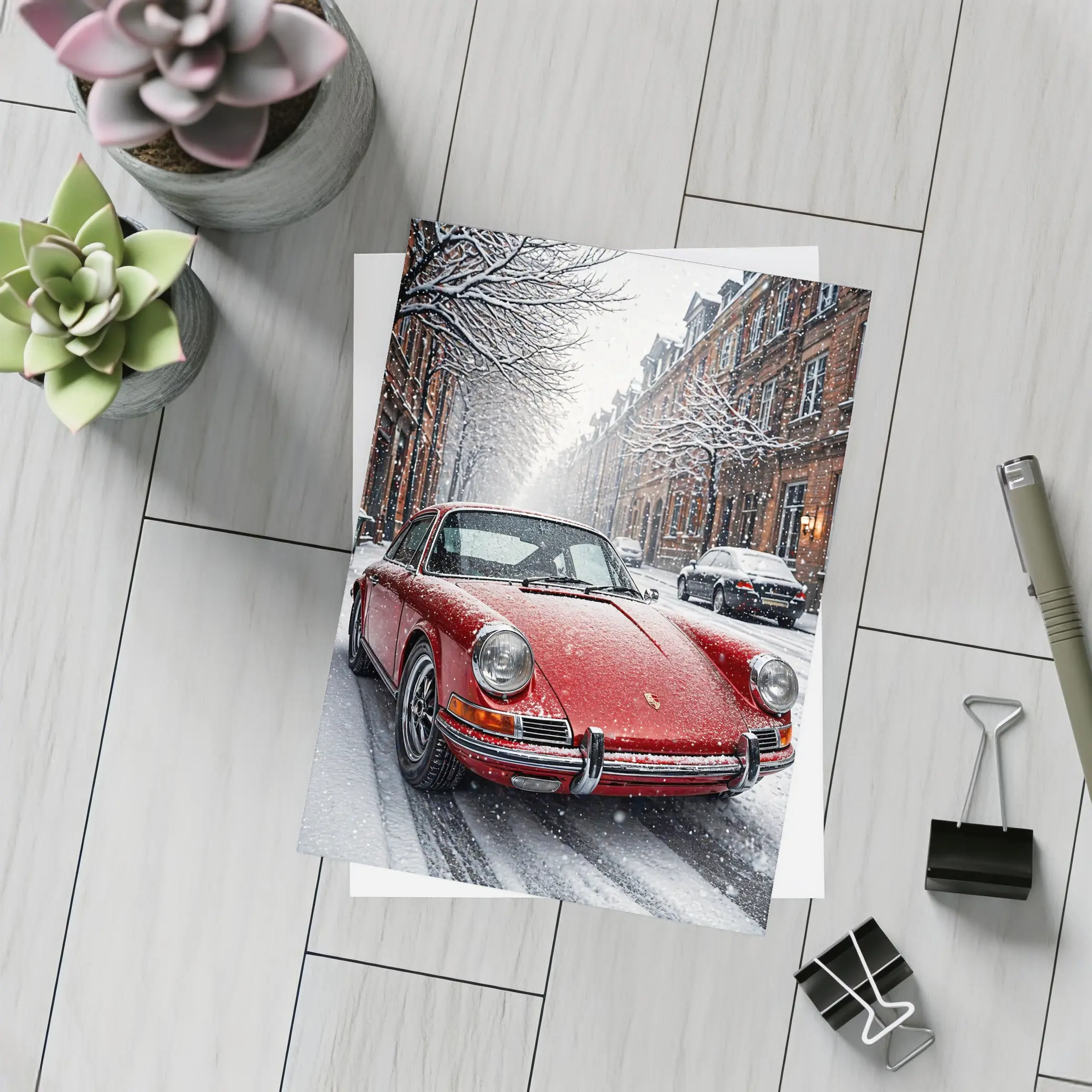 Red Porsche 911 Parked On Snowy Street – Postcards