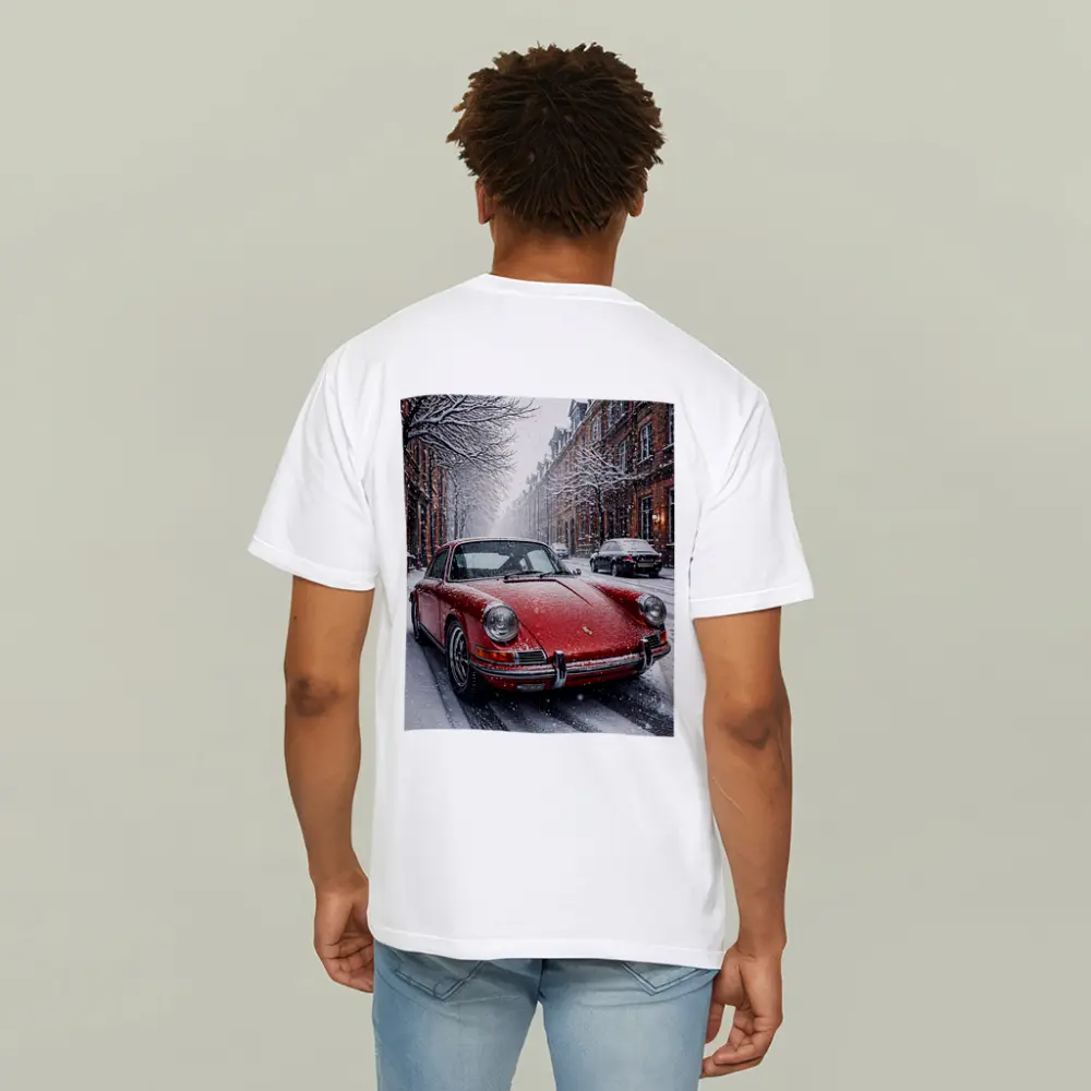 Red Porsche 911 Parked On Snowy Street – T-Shirts