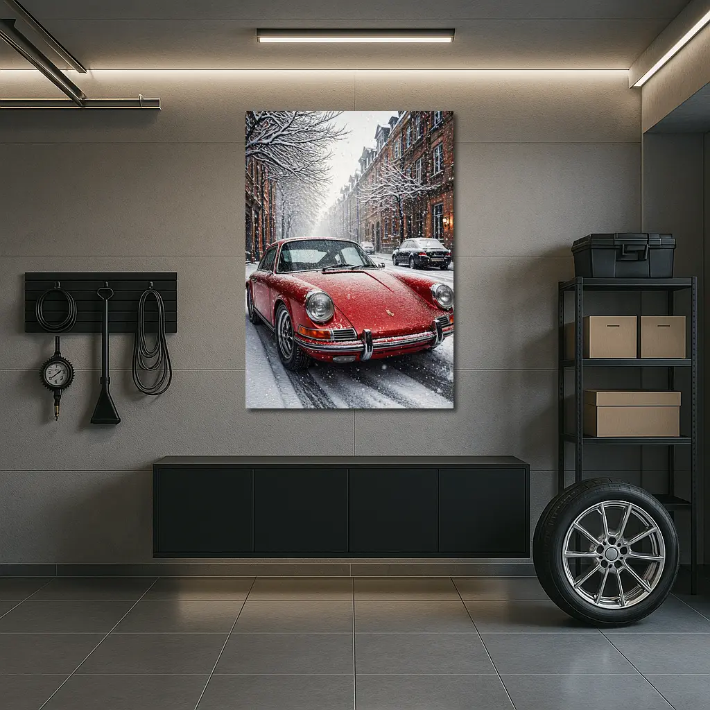 Red Porsche 911 Parked On Snowy Street – Wall Art