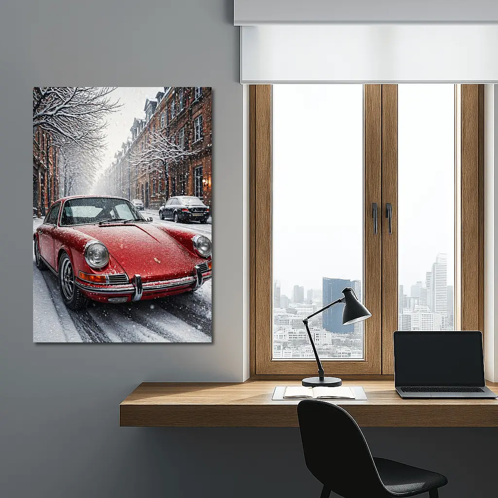 Red Porsche 911 Parked On Snowy Street – Wall Art