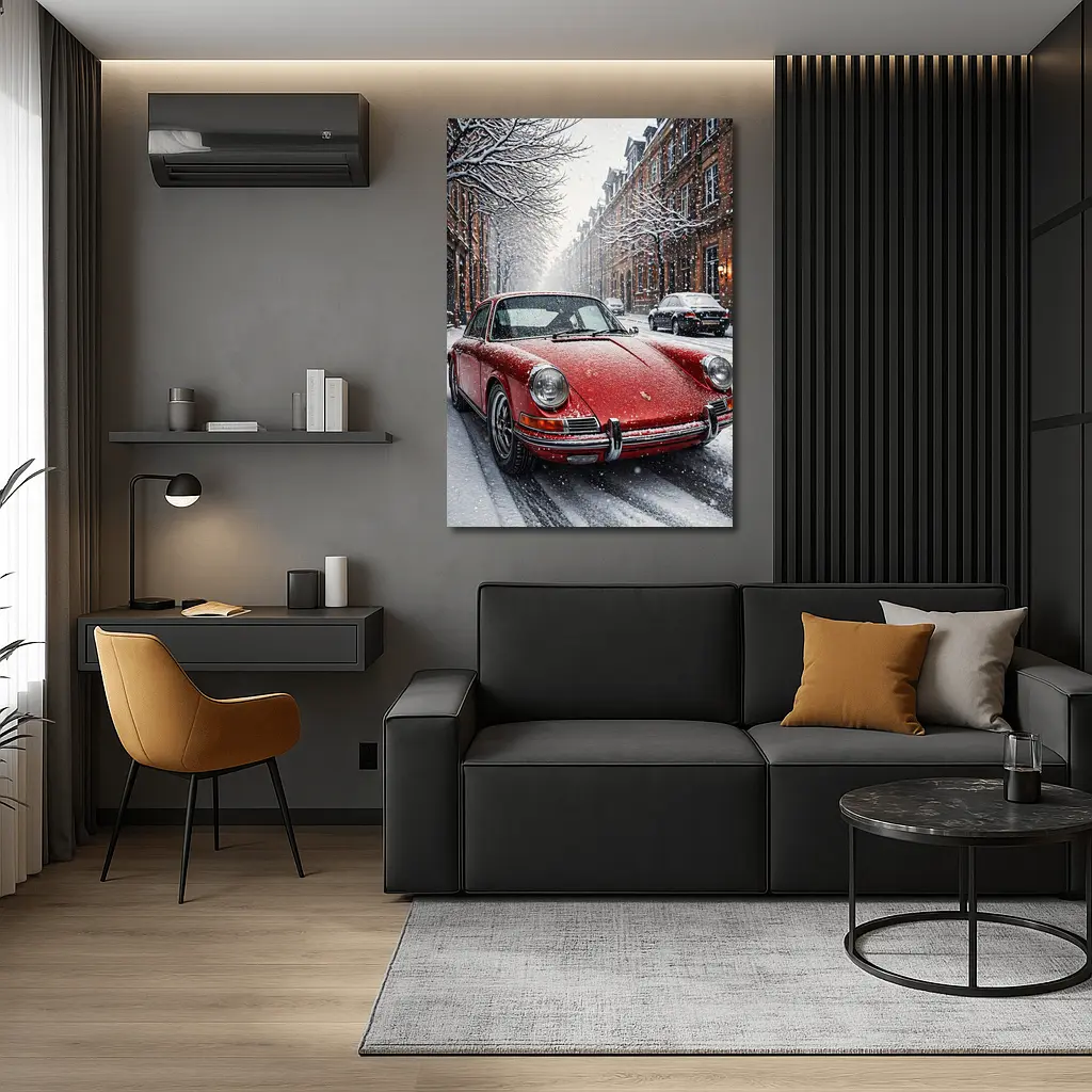 Red Porsche 911 Parked On Snowy Street – Wall Art